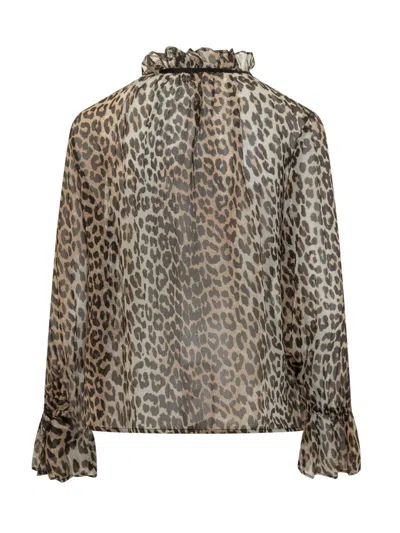 Ganni Printed Viscose Chiffon Tie String Shirt Shirts Animalier In Animal Print
