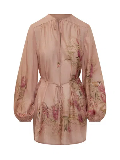 Zimmermann Women Pink Botanical Floral Silk Habotai Cascadian Tunic Top In Pink