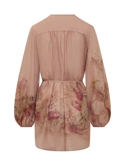 Zimmermann Women Pink Botanical Floral Silk Habotai Cascadian Tunic Top In Pink