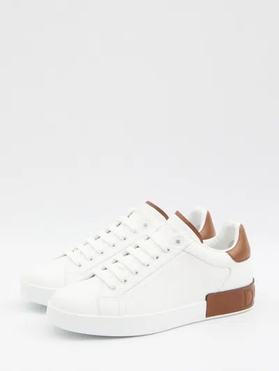 Dolce & Gabbana White Calf Leather Portofino Sneakers In Red