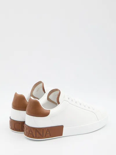 Dolce & Gabbana White Calf Leather Portofino Sneakers In Red
