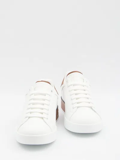 Dolce & Gabbana White Calf Leather Portofino Sneakers In Red