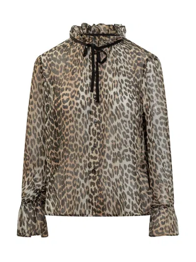 Ganni Printed Viscose Chiffon Tie String Shirt Shirts Animalier In Animal Print