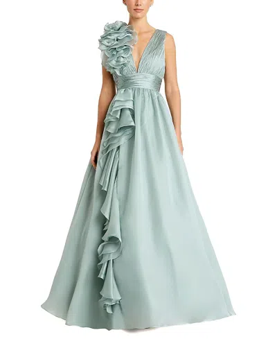Mac Duggal Ruffle Shoulder V-neck Chiffon Gown In Neutral