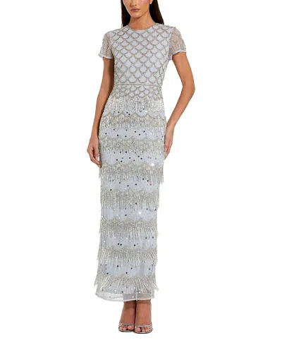 Mac Duggal Fringe Embellished Mesh Short Sleeve Ankle Dress In White