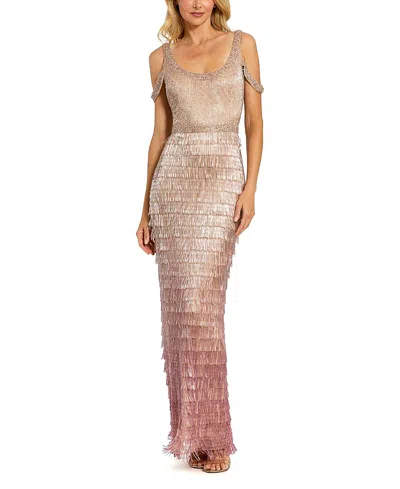 Mac Duggal Scoop Neck Embellished Fringe Gown In Gray