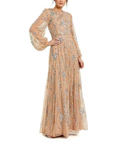 Mac Duggal Embellished High Neck Puff Sleeve Gown In Gold