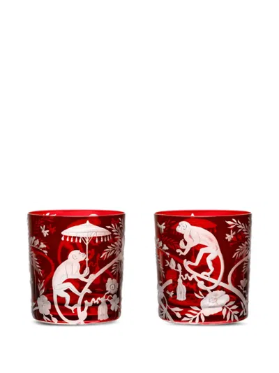 Artel Chinoiserie Monkey Etched Glass Tumblers (set Of Six) In Red