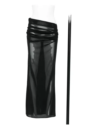 Alex Perry Tucked Column Draped Mesh Midi Skirt In Black