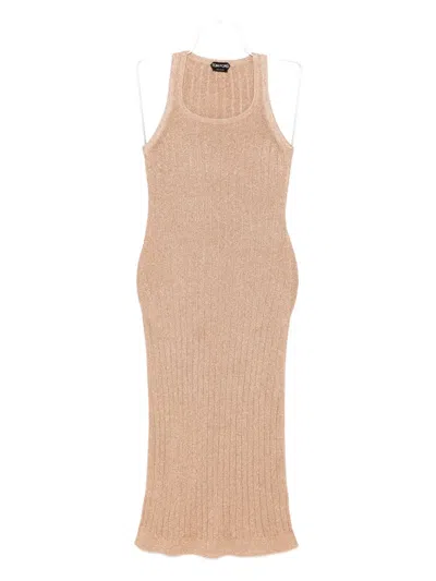 Tom Ford Metallic Rib Knit Sleeveless Midi Dress In Brown
