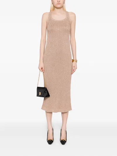 Tom Ford Metallic Rib Knit Sleeveless Midi Dress In Brown