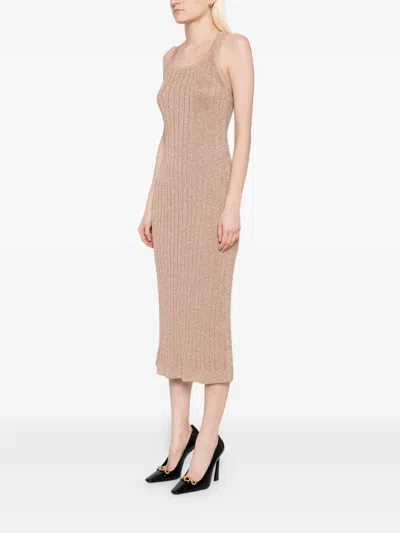 Tom Ford Metallic Rib Knit Sleeveless Midi Dress In Brown