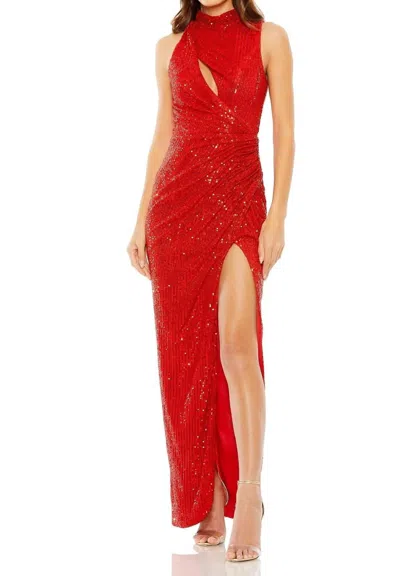Mac Duggal High Neck Cutout Maxi Sequin Evening Dress In Red In Red