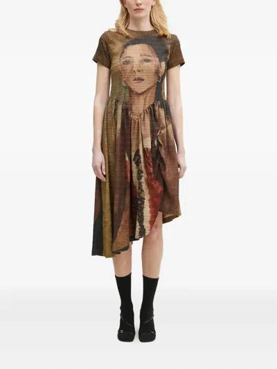 Andersson Bell Portrait-print Gathered Dress In Brown