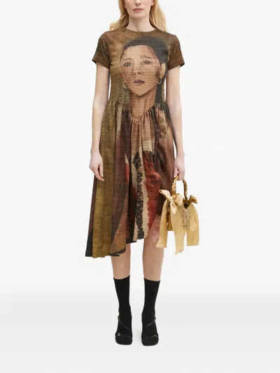 Andersson Bell Portrait-print Gathered Dress In Brown