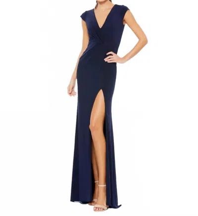 Mac Duggal Elegant Evening Jersey V Neck Gown In Navy In Black