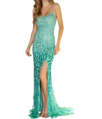 Primavera Sequined Embellished Dress With Feathers Prom Dress In Jade In Green