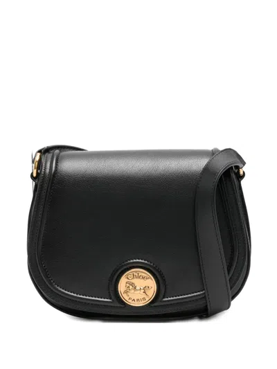 Chloé Grained Leather Shoulder Bag With Prominent Logo Detail In Black