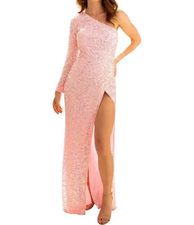 Primavera One Shoulder Thigh-high Slit Prom Dress In Baby Pink In Pink