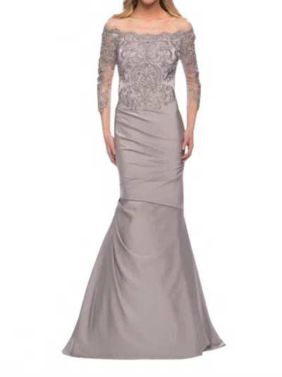 La Femme Satin Mermaid Gown With Off The Shoulder Lace Bodice In Silver In Gray