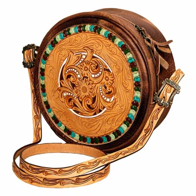 American Darling Women's Round Hand Tooled Leather Purse In Brown In Brown