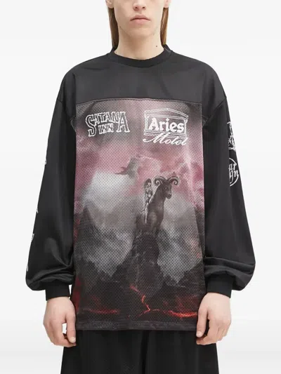 Aries Mesh-panel Graphic Long-sleeve T-shirt In Black