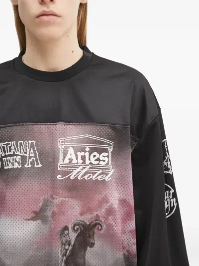 Aries Mesh-panel Graphic Long-sleeve T-shirt In Black