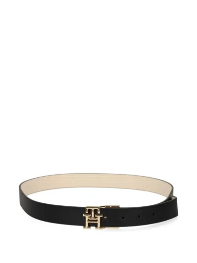 Tommy Hilfiger Monogram Buckle Leather Belt In Black
