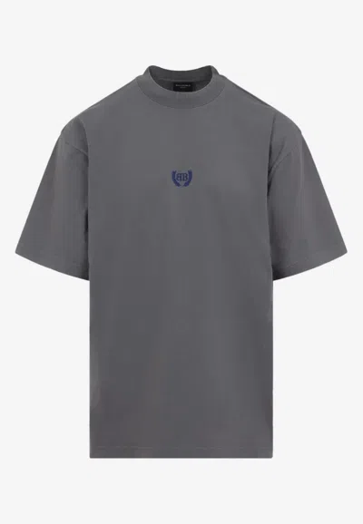 Balenciaga Men Grey Crewneck T-shirt With Logo Embroidery On The Front In Cotton Man In Gray