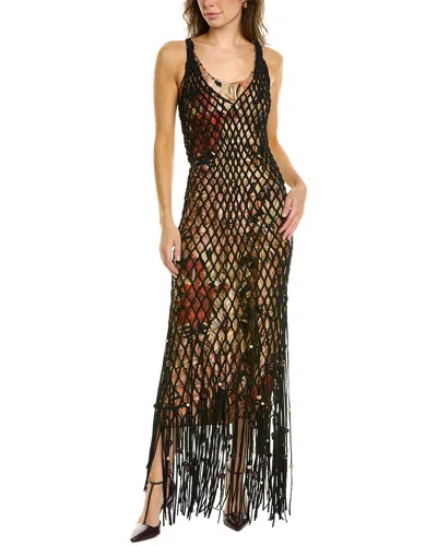 Ferragamo Sleeveless Layered Mesh Leather Maxi Dress