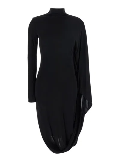 Stella Mccartney Black Asymmetric Midi Dress With High Neck And One Cape Sleeve In Black