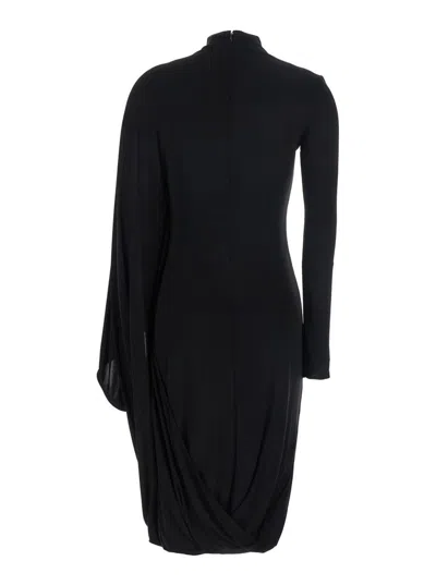 Stella Mccartney Black Asymmetric Midi Dress With High Neck And One Cape Sleeve In Black