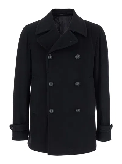 Tagliatore Black Double-breasted Coat With Wide Notched Revers In Black