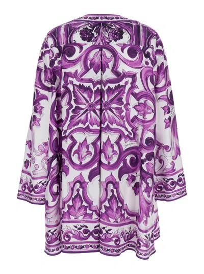 Dolce & Gabbana Majolica Silk Twill Long-sleeve Mini Shift Dress In Purple