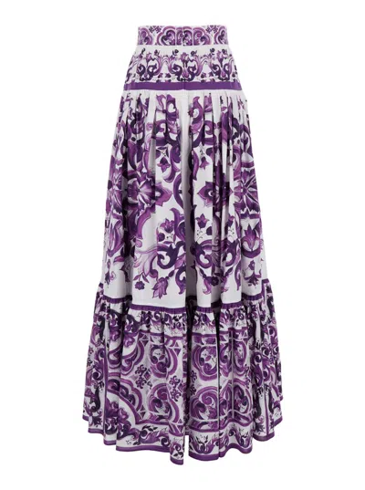 Dolce & Gabbana Violet Long Skirt With Ruffle Hem And All-over Floral Motif In Cotton Woman In Purple