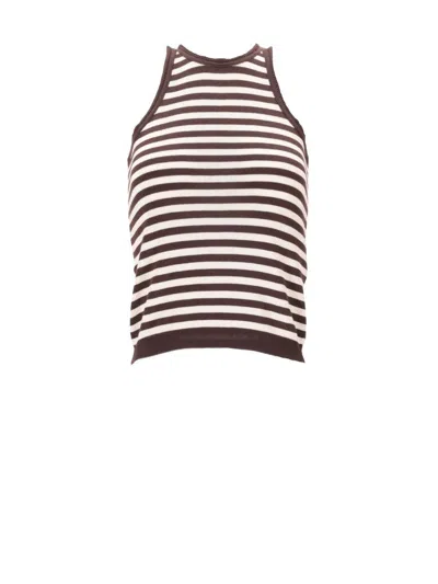 Max Mara Striped Cotton Sleeveless Top With Ribbed Trim In Brown