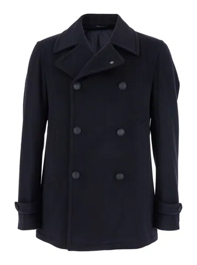 Tagliatore Blue Double-breasted Coat With Wide Notched Revers In Blue