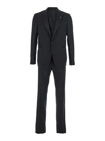 Tagliatore Black Single-breasted Suit With Notched Revers In Wool Man In Black