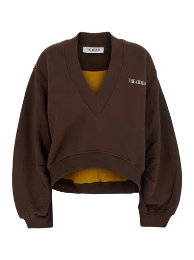 Attico Brown Cropped Sweatshirt With V Neck And Logo Lettering On The Front In Cotton Woman In Brown