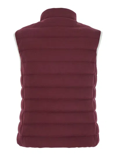 Brunello Cucinelli Logo Quilted High Collar Sleeveless Jacket In Burgundy