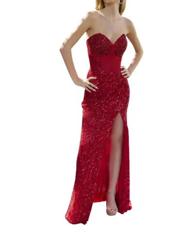 Primavera Long Beaded Corset Gown In Red In Red