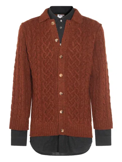 Moschino Collared Cable Knit Textured Crewneck Sweater In Brown