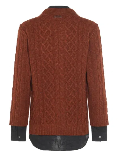 Moschino Collared Cable Knit Textured Crewneck Sweater In Brown