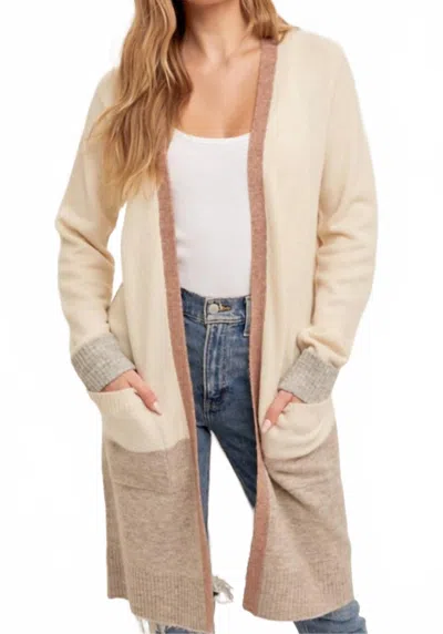 Hem & Thread Color Block Soft Light Open Midi Cardigan In Neutral