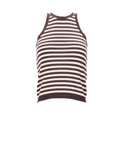 Max Mara Striped Cotton Sleeveless Top With Ribbed Trim In Brown