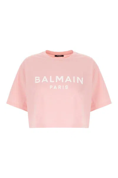 Balmain Women Logo Organic Cotton Cropped T-shirt In Pink