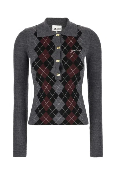 Ganni Slim-fit Knitted Polo Shirt With Check Pattern In Gray