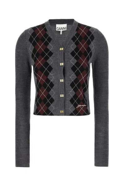 Ganni Grey Sweater With Classic Collar And Check Motif On The Front In Wool Woman