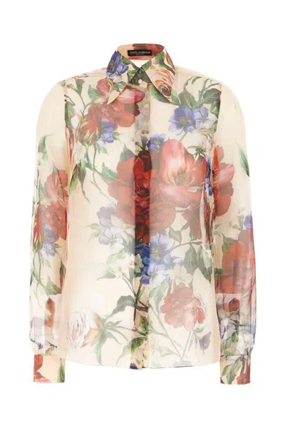 Dolce & Gabbana Bouquet Fantichi Sheer Chiffon Button-down Blouse In Pink