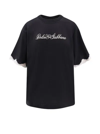 Dolce & Gabbana Logo-embroidered Lace-trimmed T-shirt In Black